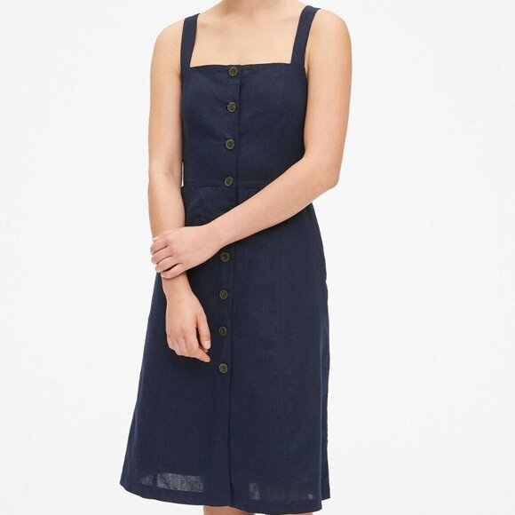 NWT‎ Gap Button Front Linen Apron Dress in Uniform Navy Size 00 - Picture 1 of 9